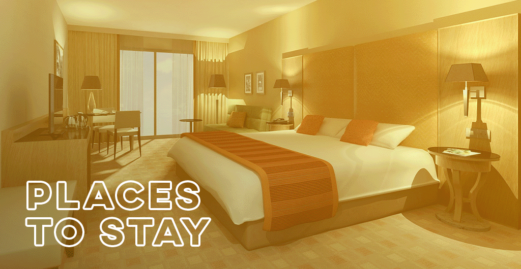 The words, "Places to Stay" layered over an image of a hotel room.