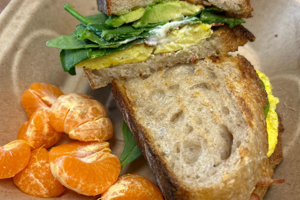 A breakfast sandwich served with egg, avocado, and spinach at Wyoming coffee shop, The Alley Coffeehouse & Juice Bar with mandarin oranges on the side.