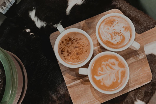 Gillette, Wyoming’s local coffee shop, The Local, serves a tray of three frothy coffees.