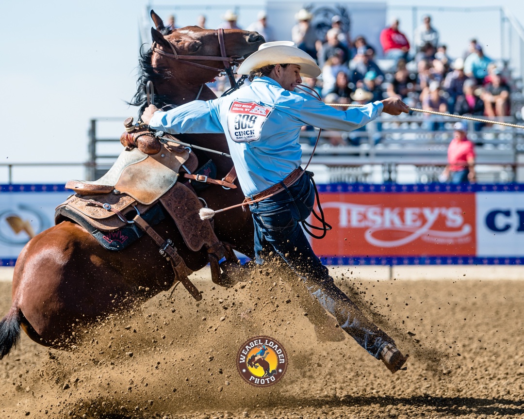 Cowboy kicking up dirt as he dismounts a horse to rope in a fast-paced rodeo event in Gillette, Wyoming.