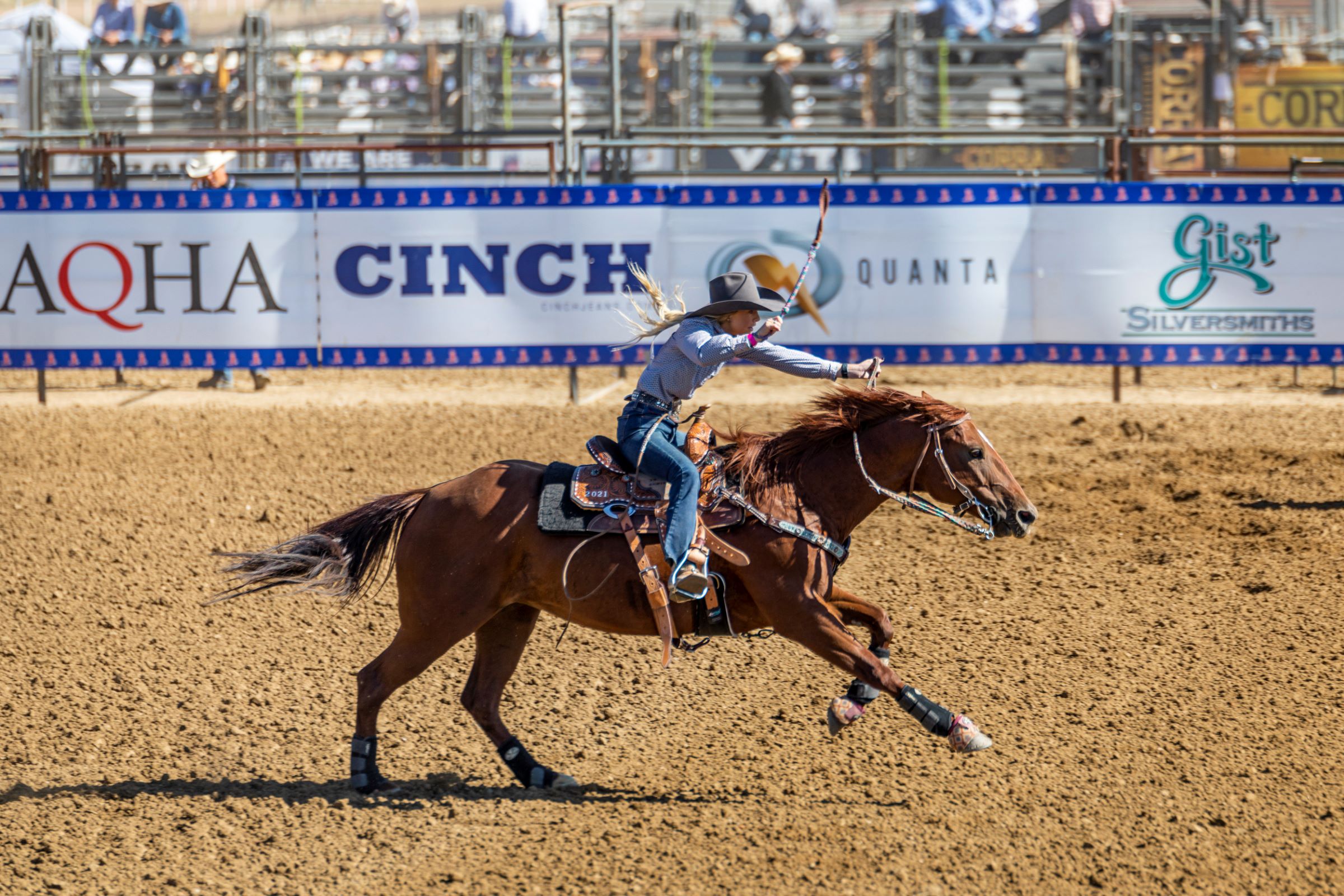 Cowgirl competing in a fast-paced rodeo event in Gillette, Wyoming, riding a horse at full speed in the arena during a local Wyoming rodeo.