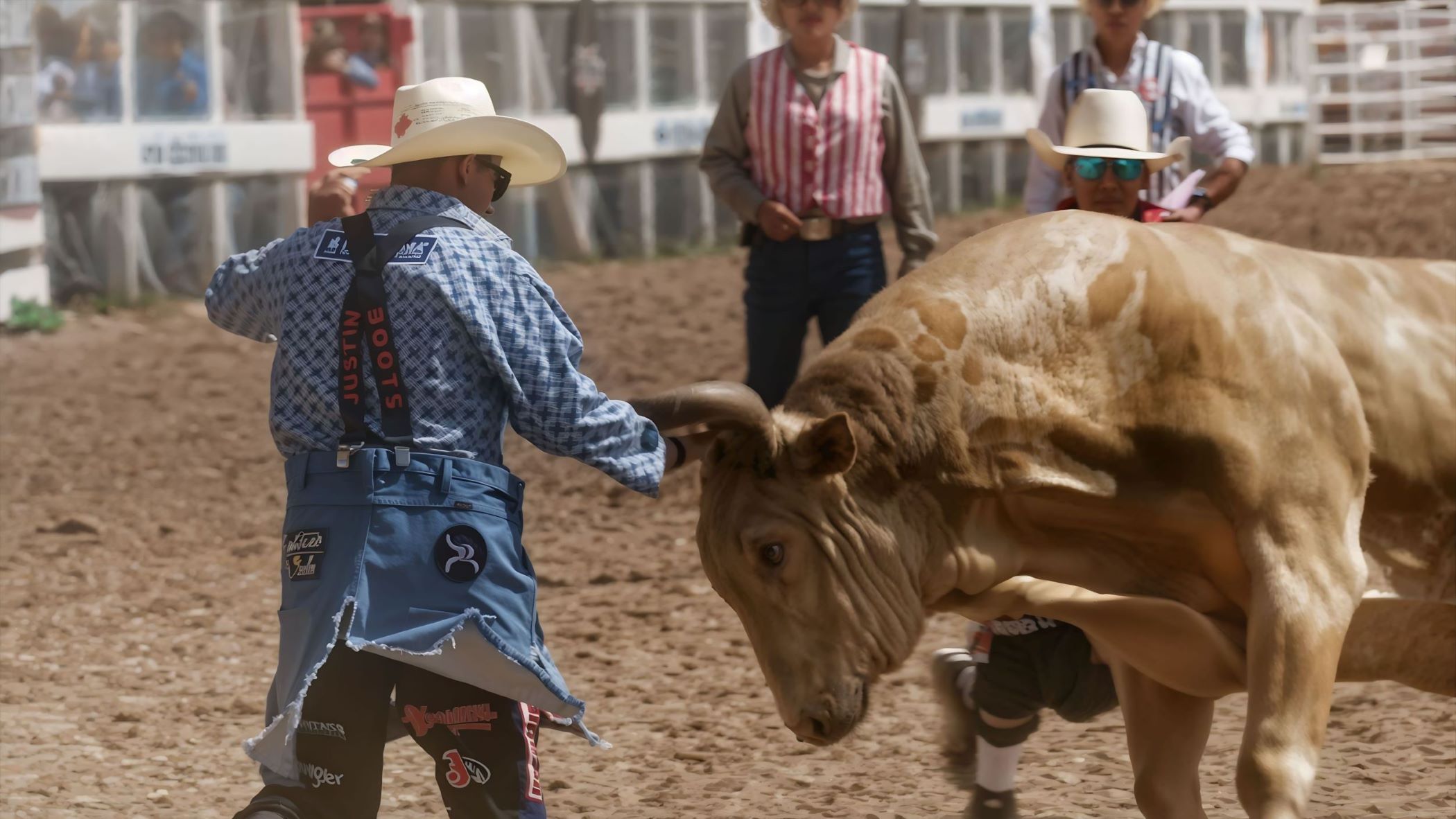 Bullfighter facing a bull in an arena at near Gillette and Wright Wyoming, showcasing a Wyoming rodeo action and safety skills.